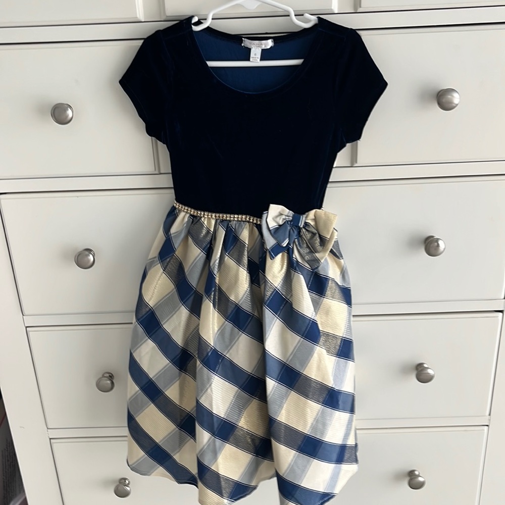 Girls holiday dress -blue velveteen on top with plaid blue & cream & gold bottom
